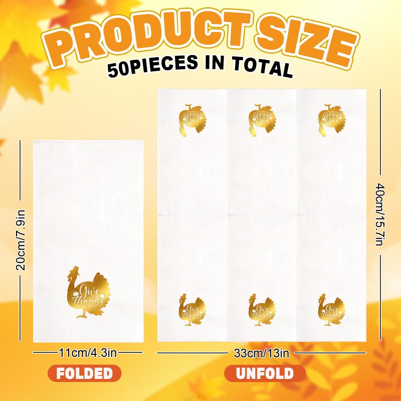 Whaline 50 Pcs Fall Thanksgiving Guest Napkins Gold Foil Turkey Give Thanks Disposable Napkins Dinner Hand Paper Napkin for Bathroom Autumn Harvest Party Table Supplies - Image 2